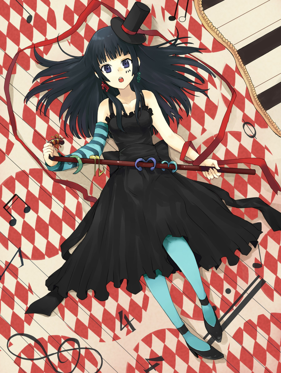 aki (mare desiderii), akiyama mio, don't say "lazy", k-on!, 00s, 1girl, bare shoulders, black hair, blue eyes, blue pantyhose, cane, dress, female focus, hair ornament, hairclip, hat, high heels, long hair, lying, mini hat, mini top hat, musical note, on back, pantyhose, shoes, solo, top hat
