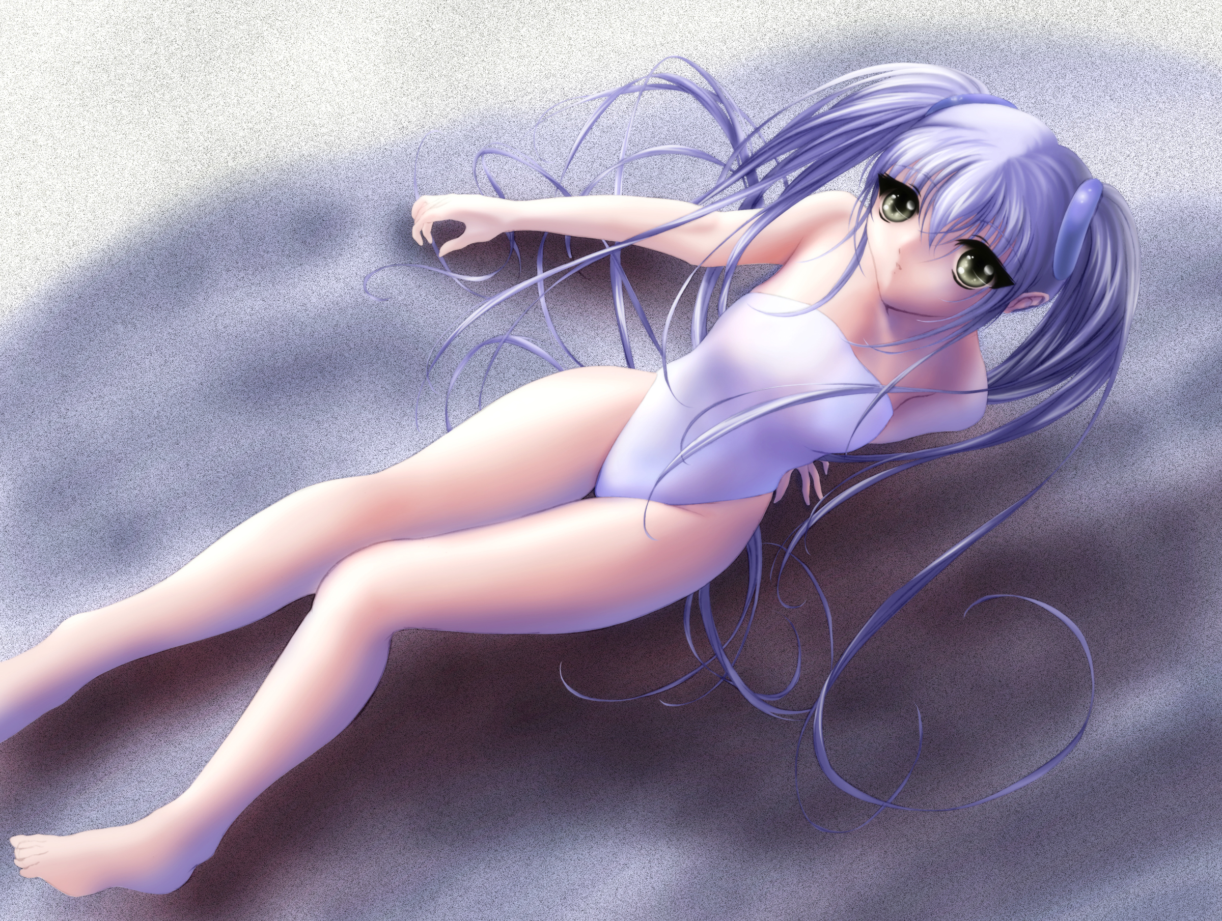 hoshino ruri, kidou senkan nadesico, highres, 1girl, bare shoulders, barefoot, casual one-piece swimsuit, female focus, flat chest, hair rings, long hair, one-piece swimsuit, purple hair, solo, swimsuit, twintails, yellow eyes