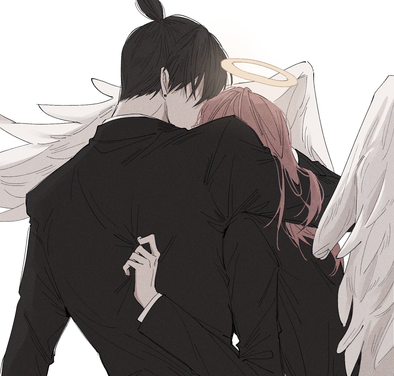 angel devil (chainsaw man), hayakawa aki, chainsaw man, commentary request, highres, 2boys, angel wings, black hair, black jacket, clothes grab, earrings, french kiss, from behind, halo, height difference, jacket, jewelry, kiss, long sleeves, male focus, multiple boys, short hair, simple background, topknot, traditional halo, upper body, vivivibbi, white background, white wings, wings, yaoi
