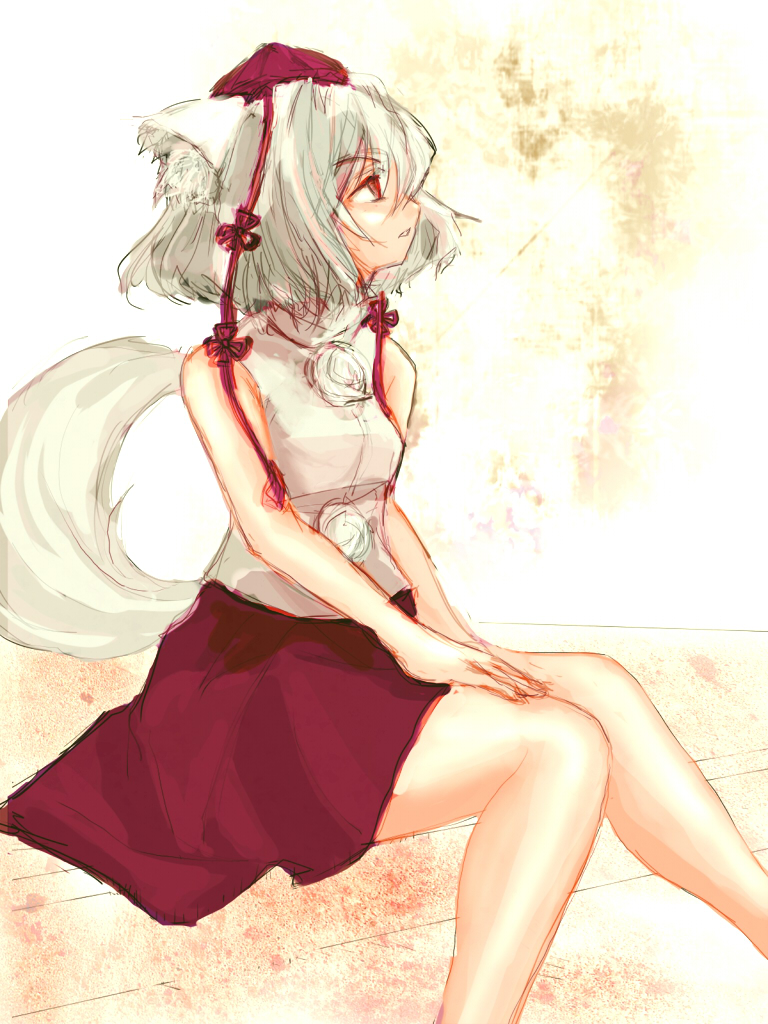 kuronuko neero, inubashiri momiji, touhou, bad id, bad pixiv id, 1girl, animal ears, bare shoulders, female focus, hat, sitting, solo, tail, tokin hat, white hair, wolf ears