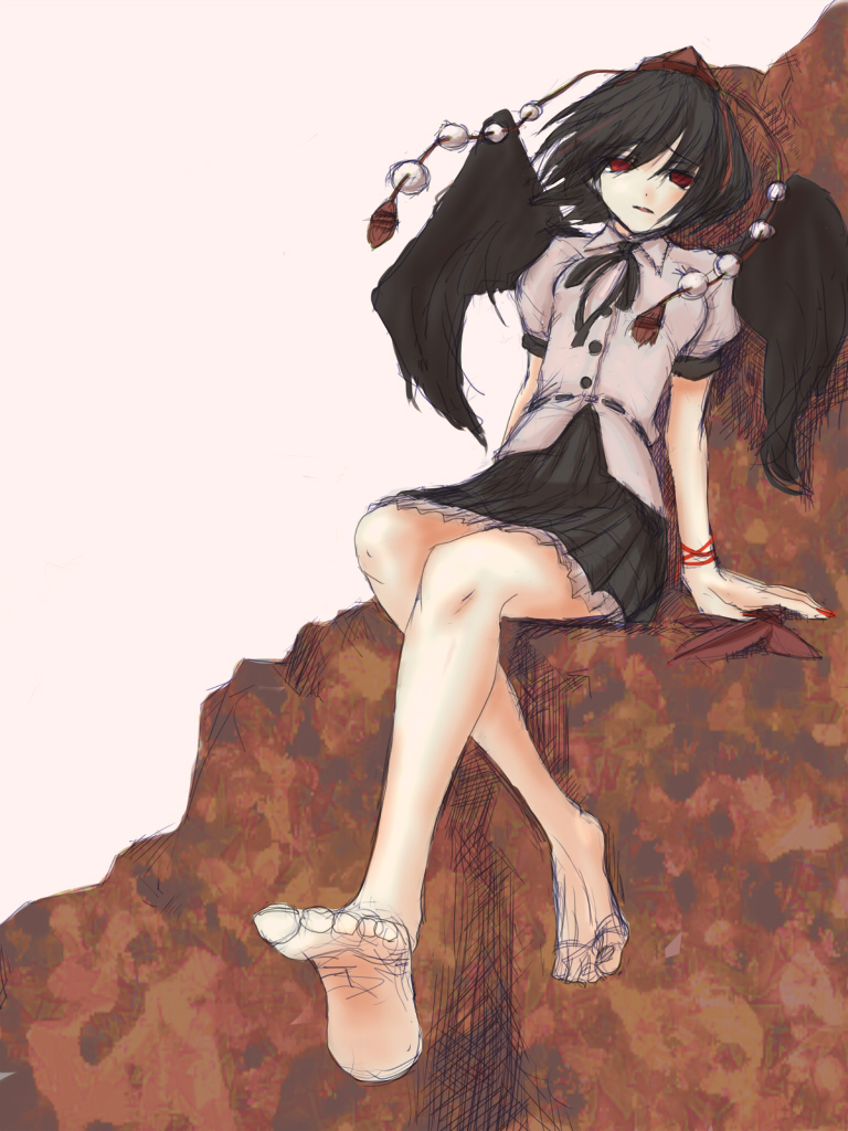 kuronuko neero, shameimaru aya, touhou, 1girl, bad anatomy, bad feet, barefoot, black hair, black wings, feet, female focus, hand fan, hat, legs, looking at viewer, poorly drawn, red eyes, short hair, sketch, solo, tokin hat, wings