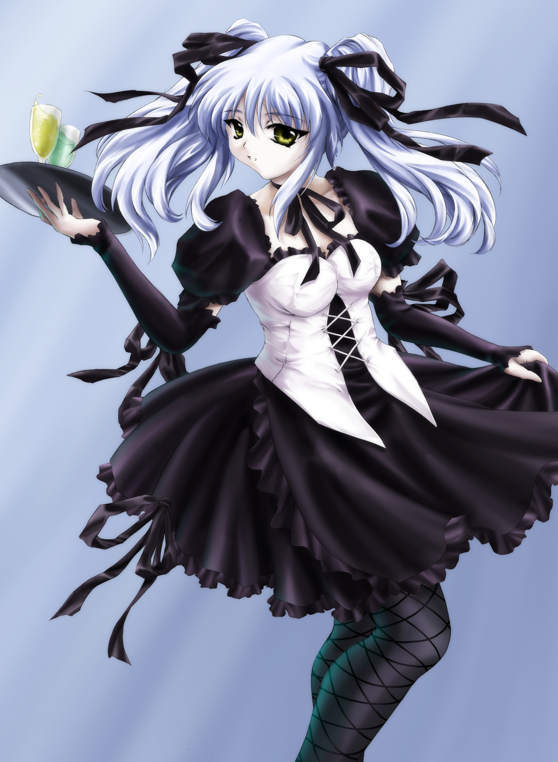 igarashi kei, hoshino ruri, kidou senkan nadesico, absurdres, highres, 1girl, blue hair, choker, clothes lift, corset, dress, dress lift, elbow gloves, female focus, fishnet pantyhose, fishnets, gloves, goth fashion, gothic lolita, hair rings, lolita fashion, pantyhose, ribbon, skirt hold, solo, twintails, waitress, yellow eyes