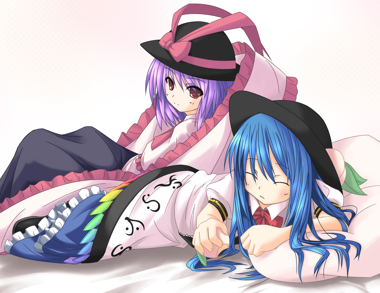 ebisu tarou (pixiv74279), mikago kotaro, hinanawi tenshi, nagae iku, touhou, 2girls, blue hair, capelet, closed eyes, female focus, food, frills, fruit, hat, leaf, multiple girls, peach, purple hair, shawl