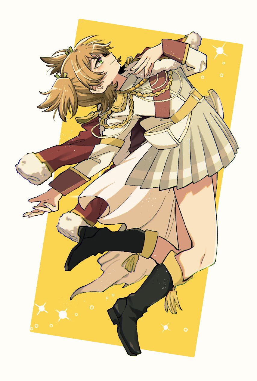 sikyo69, daiba nana, shoujo kageki revue starlight, commentary, highres, 1girl, aiguillette, belt, belt buckle, black boots, blonde hair, boots, buckle, closed mouth, epaulettes, floating, from side, fur-trimmed jacket, fur trim, green eyes, green ribbon, grey skirt, hair ribbon, hand on own chest, hands up, jacket, jacket on shoulders, leg up, long sleeves, looking up, miniskirt, outstretched arm, pleated skirt, profile, red jacket, red sash, ribbon, sash, short hair, shoulder sash, single horizontal stripe, skirt, smile, solo, sparkle, tassel, two-tone background, two side up, waist cape, white background, white jacket, yellow background, yellow belt