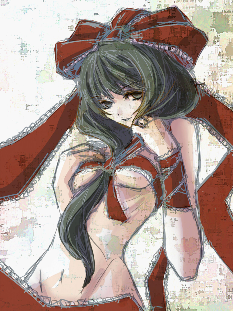 kuronuko neero, kagiyama hina, touhou, 1girl, censored, convenient censoring, female focus, front ponytail, green hair, groin, hair ribbon, nude, ribbon, solo