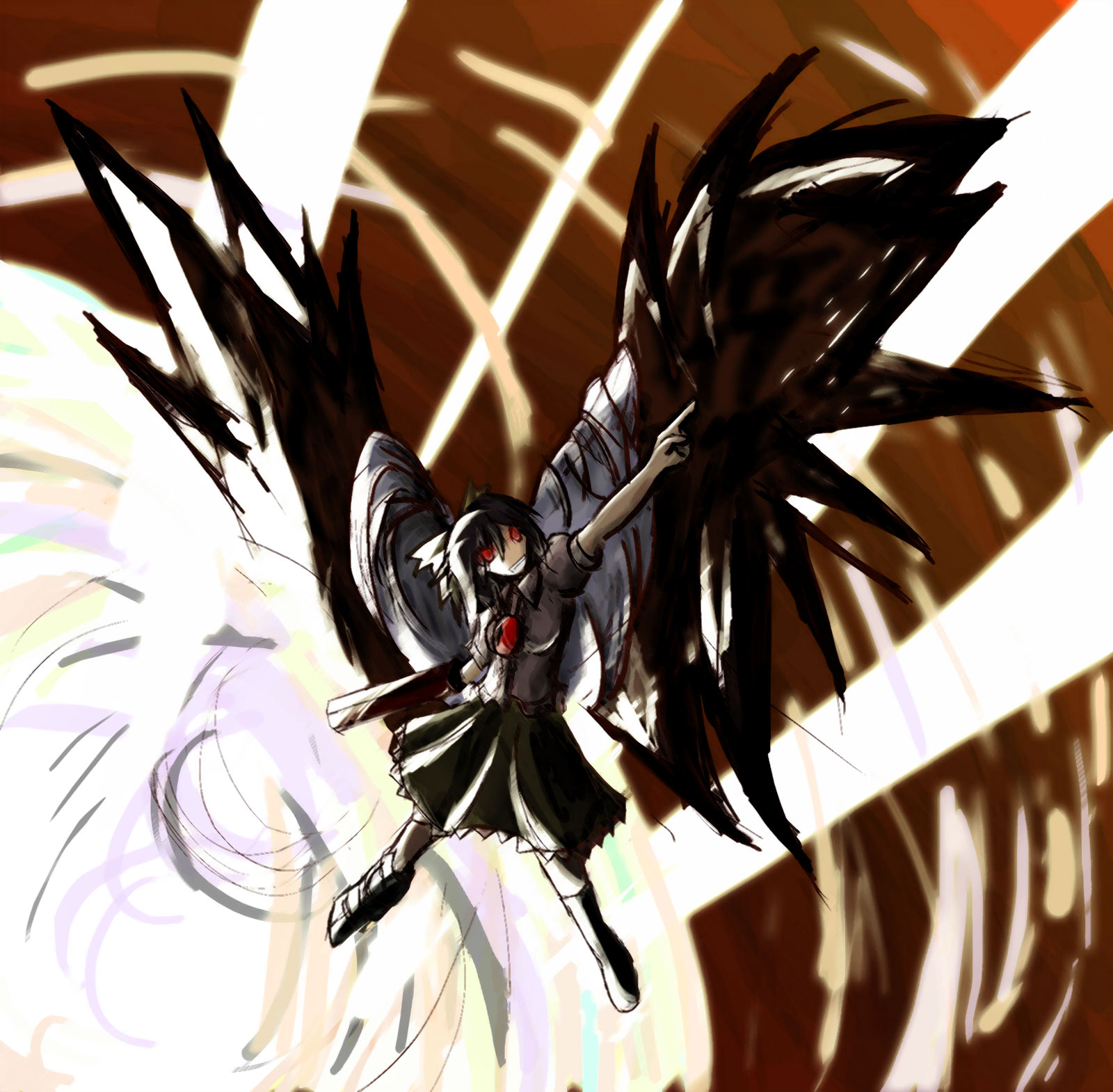 dmt (auburn), reiuji utsuho, touhou, bad id, bad pixiv id, highres, 1girl, arm cannon, black hair, explosion, female focus, fire, hair ribbon, long hair, red eyes, ribbon, skirt, solo, weapon, wings
