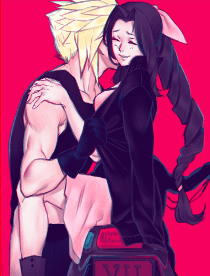 hollyfig, aerith gainsborough, cloud strife, final fantasy, final fantasy vii, 1boy, 1girl, black gloves, black jacket, black tank top, blonde hair, boots, braid, braided ponytail, breasts, brown boots, brown hair, closed eyes, couple, dress, feet out of frame, gloves, hair ribbon, hand on another's shoulder, hetero, jacket, jacket on shoulders, light blush, long hair, medium breasts, motor vehicle, motorcycle, on motorcycle, parted bangs, parted lips, pink dress, pink ribbon, red background, ribbon, short hair, sidelocks, single braid, sitting, sketch, smile, spiked hair, tank top