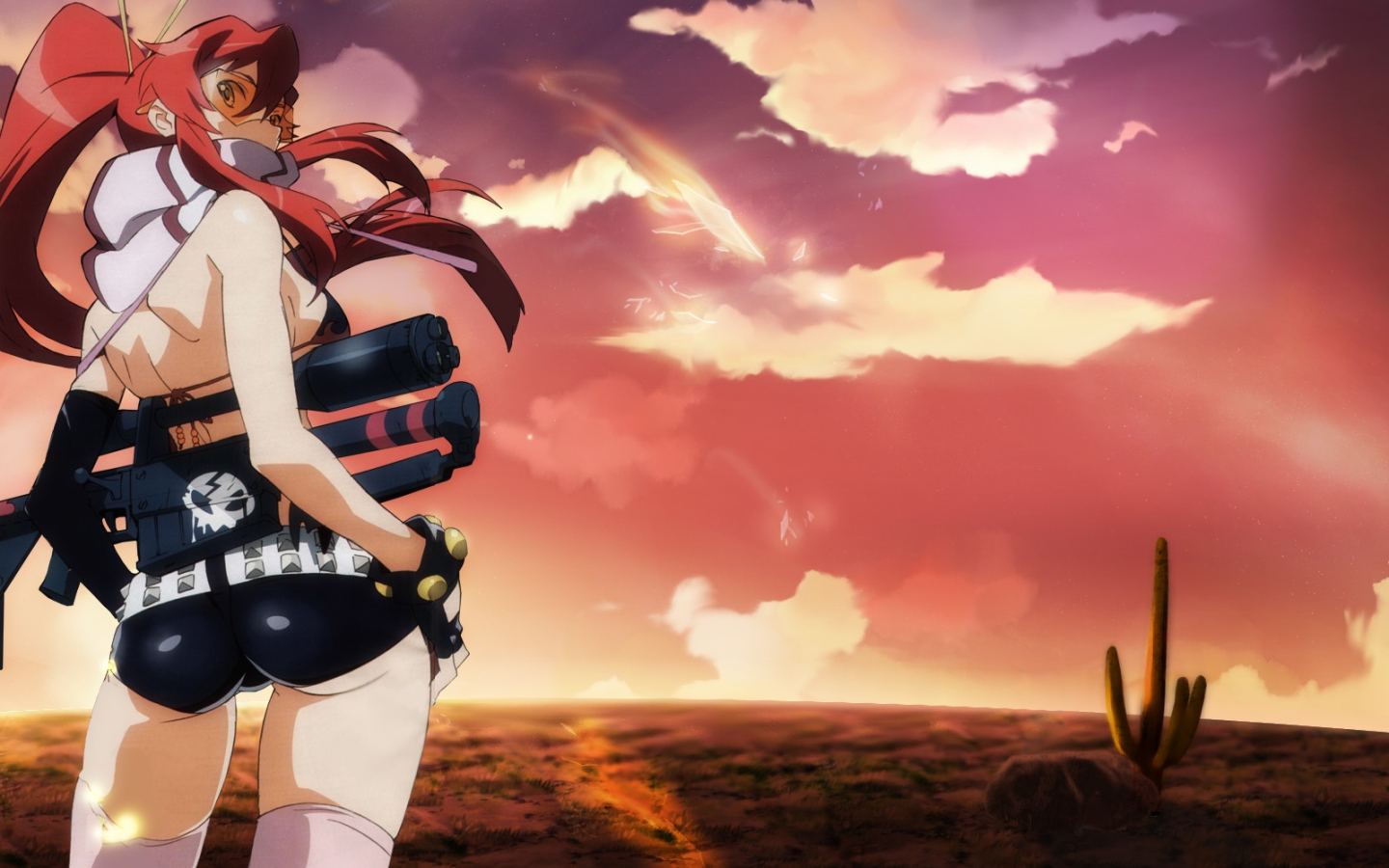 yoko littner, tengen toppa gurren lagann, visor, 00s, ass, gun, orange-tinted eyewear, orange-tinted glasses, rifle, sniper rifle, solo, sunglasses, tinted eyewear, weapon