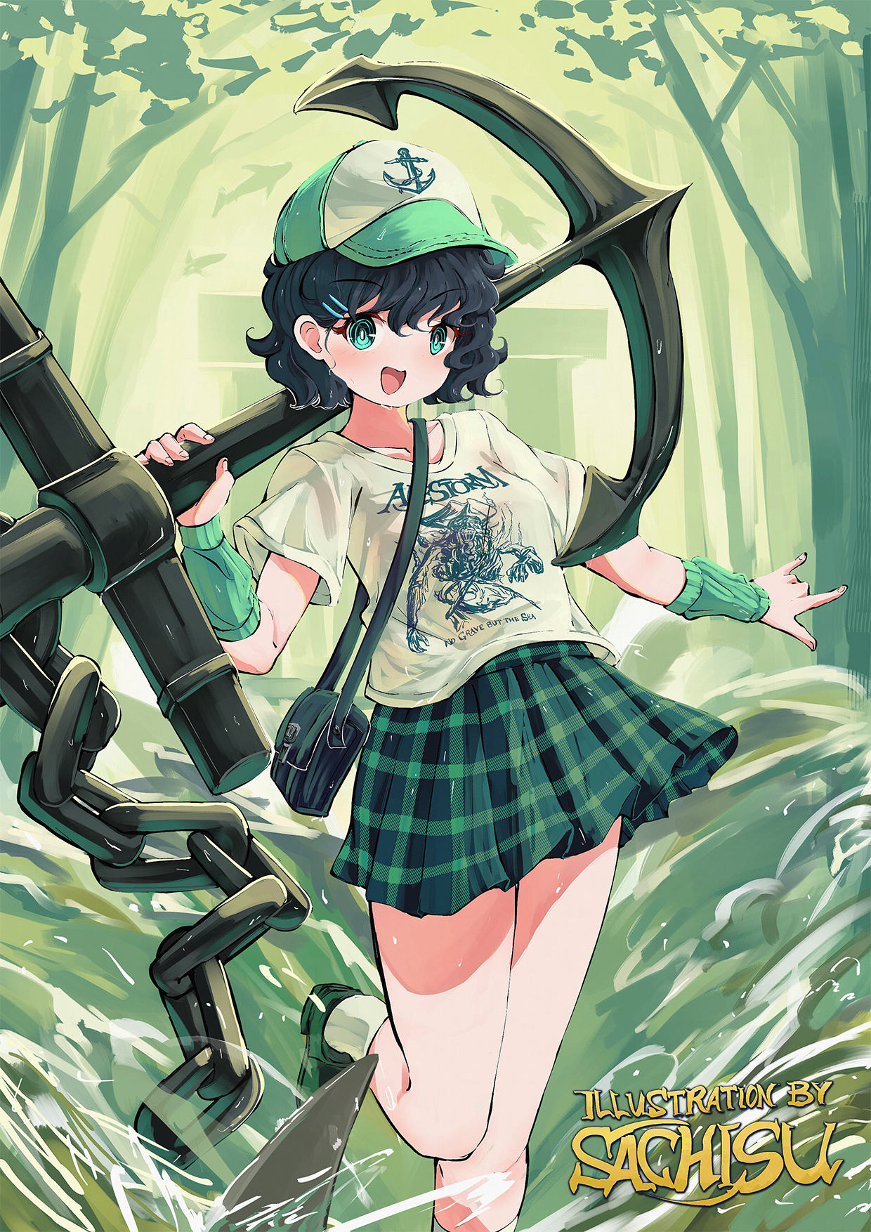 sachisudesu, murasa minamitsu, touhou, highres, 1girl, :o, alternate costume, anchor, aqua eyes, bag, black hair, chain, english text, foot out of frame, green shoes, green skirt, hair ornament, hairclip, hat, holding, holding anchor, looking at viewer, open mouth, plaid clothes, plaid skirt, shirt, shoes, short hair, short sleeves, shoulder bag, skirt, socks, solo, splashing, standing, standing on one leg, t-shirt, tree, water, white shirt, white socks