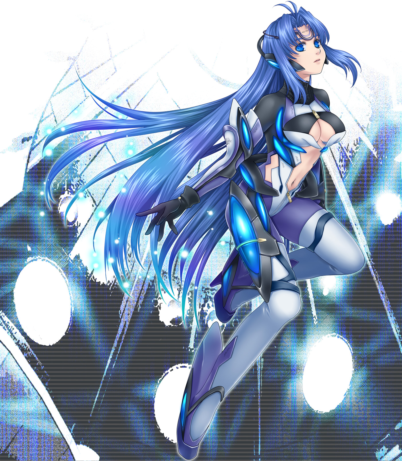 ohse, kos-mos, kos-mos ver. 3, xenosaga, xenosaga episode ii, xenosaga episode iii, highres, 00s, 1girl, android, blue eyes, blue hair, breasts, cleavage, female focus, large breasts, long hair, matching hair/eyes, midriff, navel, solo