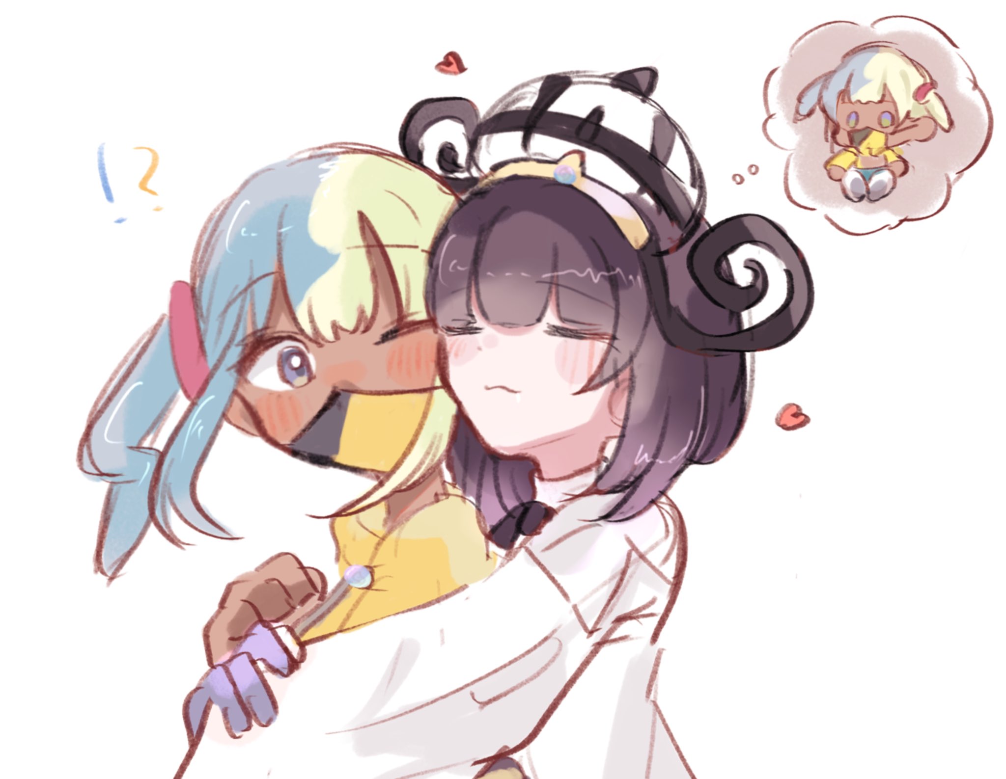 mopumopu107, canari (pokemon), gwynn (pokemon), nintendo, pokemon, pokemon legends: z-a, highres, !?, 2girls, black hair, blonde hair, blue hair, blush, bob cut, canari plush (pokemon), closed eyes, closed mouth, coat, dark-skinned female, dark skin, gloves, hat, heart, hug, hug from behind, long sleeves, looking at another, mask, mouth mask, multicolored hair, multiple girls, one eye closed, partially fingerless gloves, purple gloves, short hair, sleeping, speech bubble, thought bubble, two-tone hair, white coat, yuri