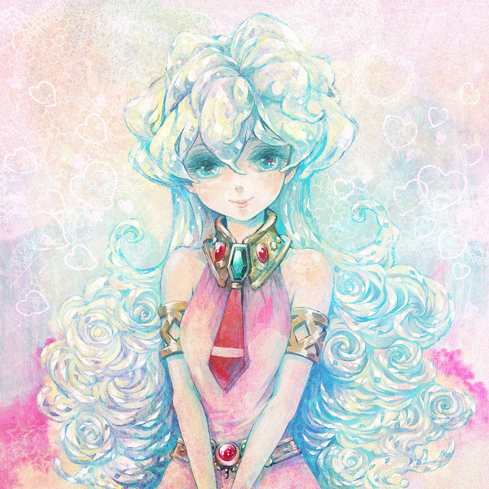 takatora, nia teppelin, tengen toppa gurren lagann, bad id, bad pixiv id, + +, 00s, 1girl, aqua hair, armlet, bare shoulders, blonde hair, blue eyes, blush, brooch, cross-shaped pupils, female focus, gem, head tilt, jewelry, long hair, looking at viewer, neck ring, smile, solo, symbol-shaped pupils, v arms