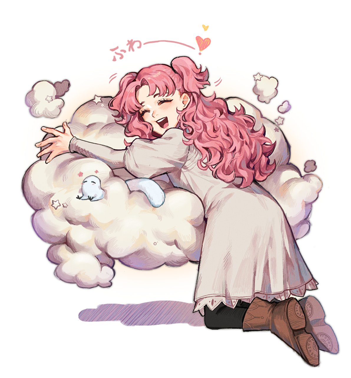 brushbuddy, tetia (tongari boushi no atelier), tongari boushi no atelier, highres, translated, 1girl, ass, blush, boots, brown shoes, closed eyes, cloud, dress, fingernails, happy, heart, long hair, lying, open mouth, pantyhose, pink hair, shadow, shoes, sigil, solo, teeth, twintails, upper teeth only, youre uru