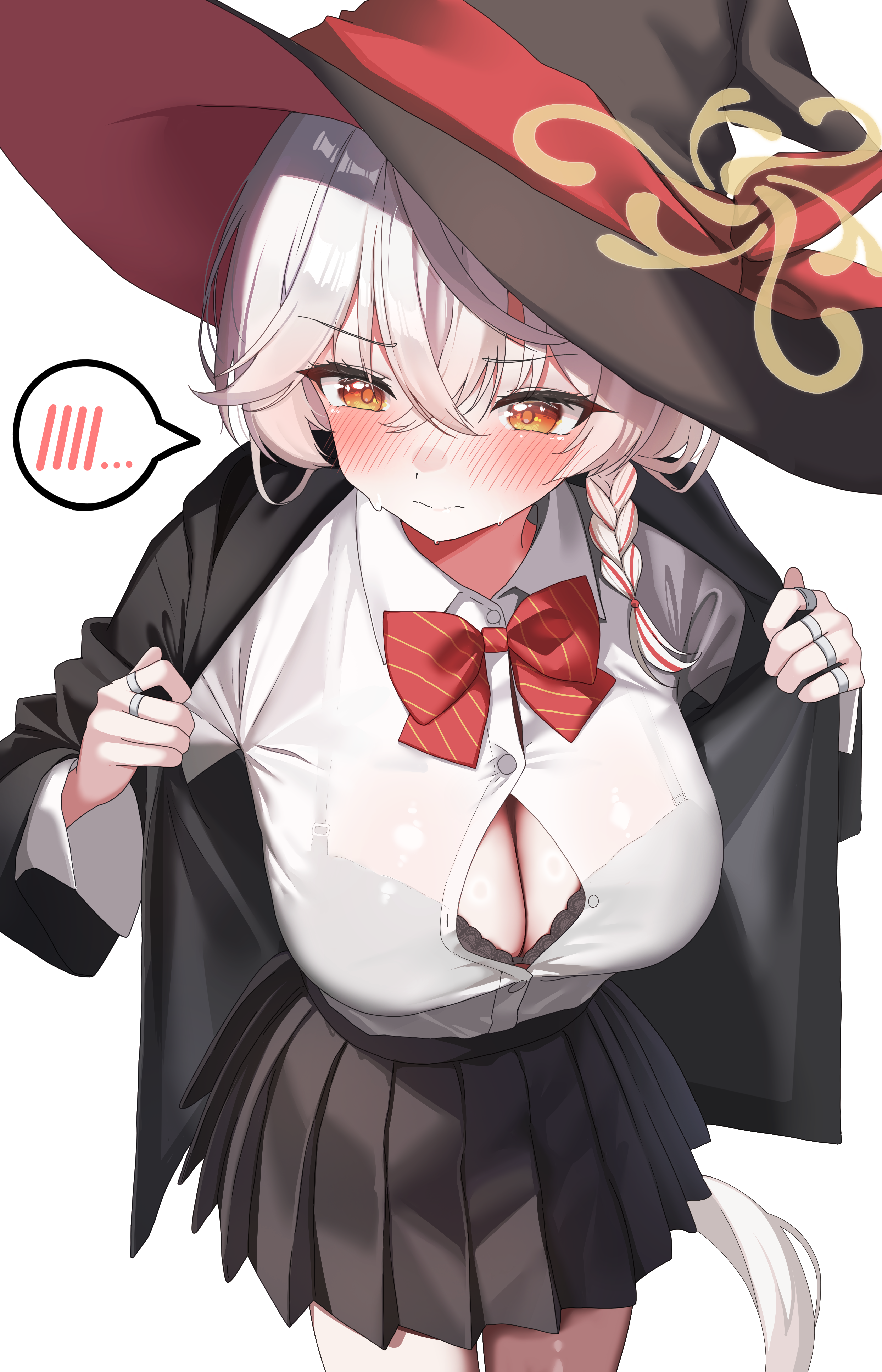 drawing flover, eri (blue archive), blue archive, absurdres, highres, 1girl, black bra, black coat, black hat, black skirt, blush, bow, bowtie, bra, bra peek, braid, breasts, brown halo, button gap, cleavage, closed mouth, coat, crossed bangs, hair between eyes, halo, hat, jewelry, large breasts, long hair, multiple rings, open clothes, open coat, opened by self, orange eyes, pleated skirt, red bow, red bowtie, ring, side halo, simple background, single braid, skirt, solo, spoken blush, thighs, underwear, white background, white hair, witch hat
