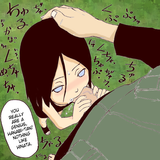 hyuuga hanabi, naruto (classic), naruto (series), hand on head, artist request, colorized, hard-translated, third-party edit, translated, 1boy, 1girl, blue eyes, fellatio, handjob, hetero, loli, oral, penis, solo focus, two-handed handjob, uncensored