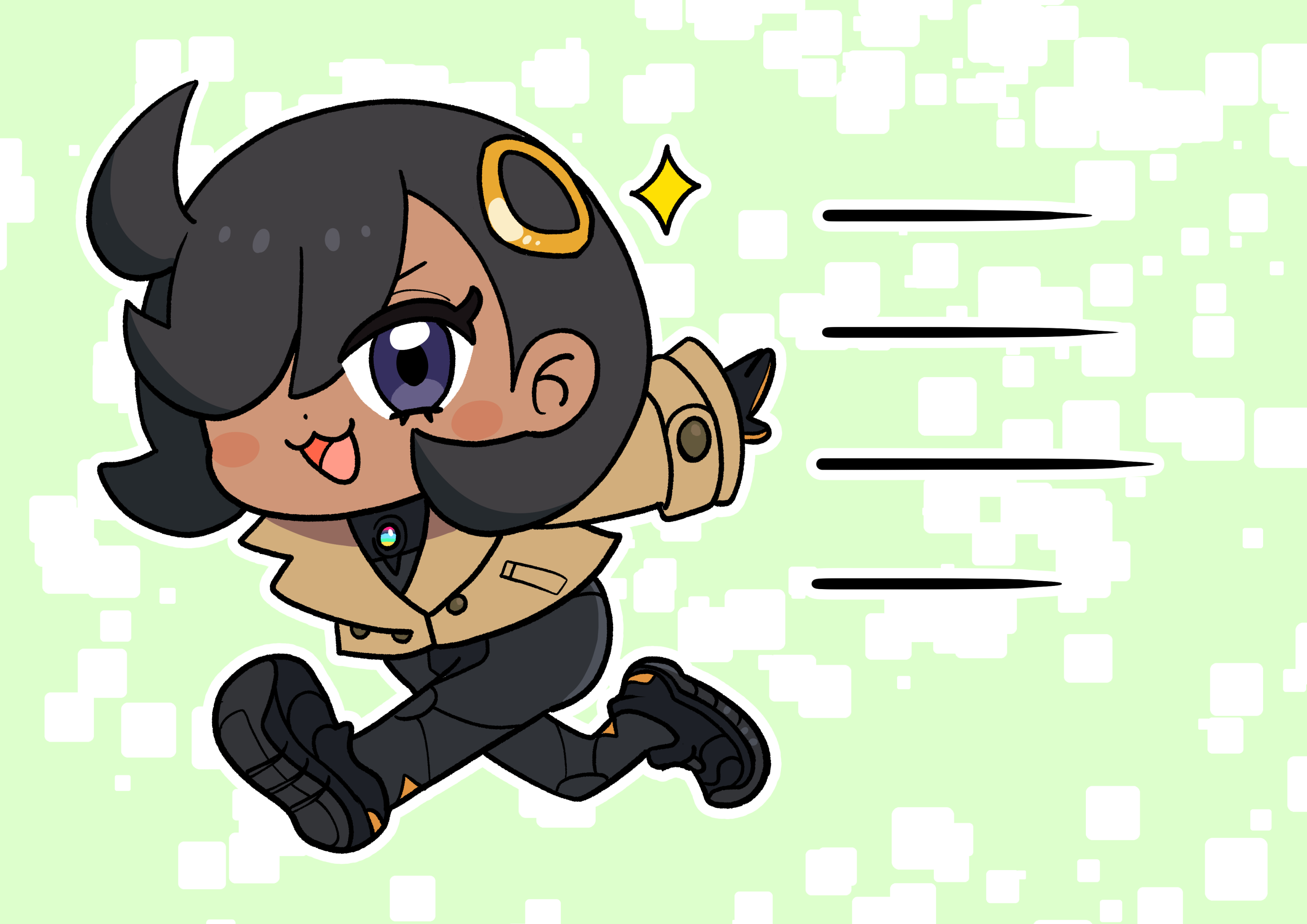 shouji hironori, emma (pokemon), nintendo, pokemon, pokemon legends: z-a, absurdres, commentary request, highres, 1girl, :3, ahoge, black bodysuit, black hair, black shoes, blush, blush stickers, bodysuit, brown jacket, chibi, chibi only, dark-skinned female, dark skin, dot nose, eyelashes, flat color, full body, hair ornament, hair over one eye, jacket, long sleeves, mega stone, motion lines, naruto run, open mouth, purple eyes, running, shoes, short hair, smile, solo