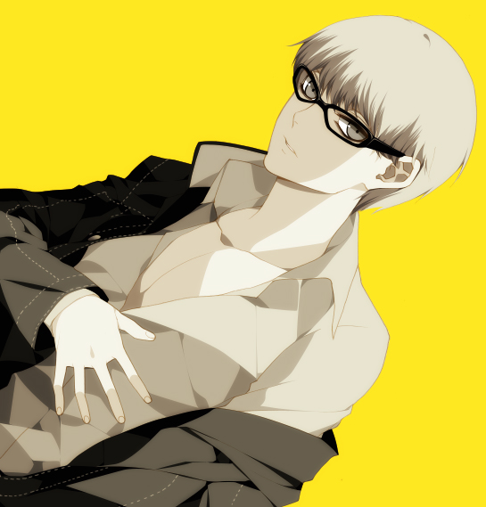 mio (artist), misteor, yanagihara mio, narukami yu, atlus, persona, persona 4, bad id, bad pixiv id, 1boy, dutch angle, glasses, grey eyes, grey hair, male focus, school uniform, short hair, solo, undressing