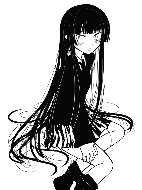 shima tokio, shimaso, female protagonist (houkago play), houkago play, bad id, bad pixiv id, 1girl, :o, black hair, blunt bangs, blush, clothes pull, female focus, greyscale, hime cut, long hair, miniskirt, monochrome, necktie, open mouth, pantyhose, pantyhose pull, pleated skirt, school uniform, simple background, sitting, skirt, solo, undressing, very long hair, white eyes