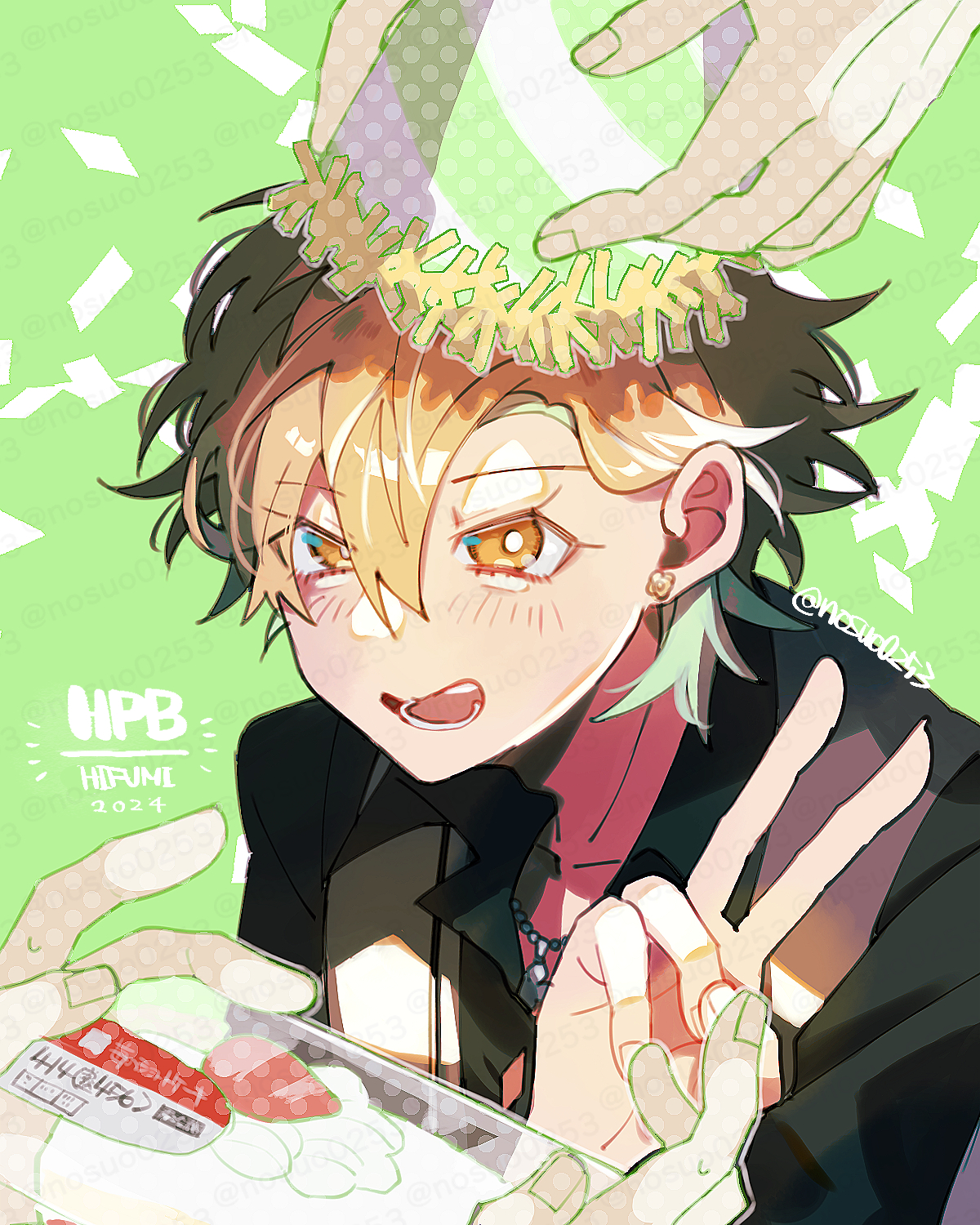 izanami hifumi, hypnosis mic, highres, 1boy, bags under eyes, black shirt, blonde hair, cake, character name, confetti, dated, earrings, food, fork, fruit, green streaks, grey vest, hair between eyes, happy birthday, hat, holding, holding fork, jewelry, looking at viewer, male focus, necktie, nosuo0253, party hat, pendant, shirt, smile, solo, strawberry, striped blush, twitter username, upper body, v, vest, yellow eyes