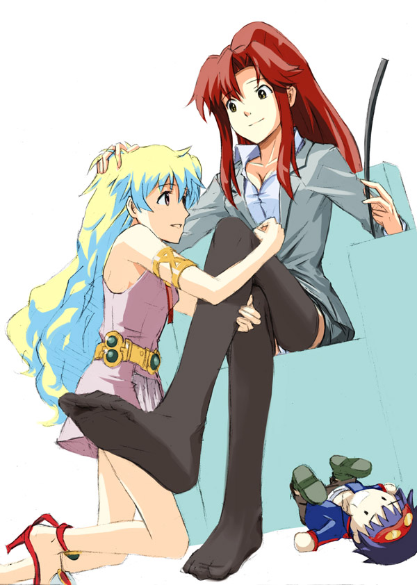 streamingsun, nia teppelin, simon (ttgl), yoko littner, tengen toppa gurren lagann, 00s, 2girls, character doll, crossed legs, doll, feet, multiple girls, no shoes, panties, pantyshot, sitting, thighhighs, underwear