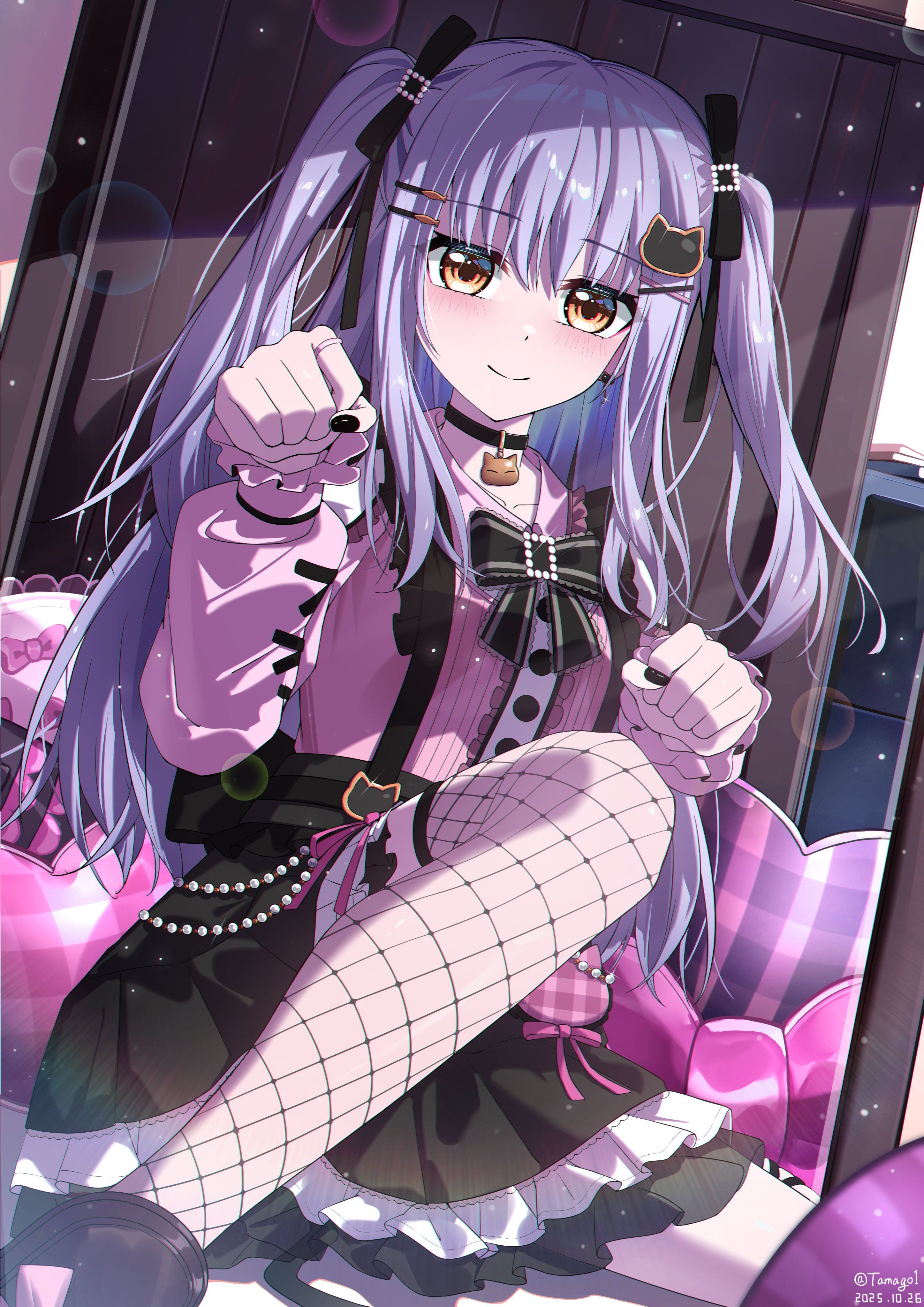 tamag0zzz, minato yukina, bang dream!, absurdres, highres, 1girl, alternate hairstyle, black bow, black shoes, black skirt, blush, bow, choker, fishnet pantyhose, fishnets, grey hair, hair ornament, hairclip, indoors, jewelry, long hair, nail polish, pantyhose, pink shirt, ring, shirt, shoes, skirt, smile, solo, twintails, yellow eyes