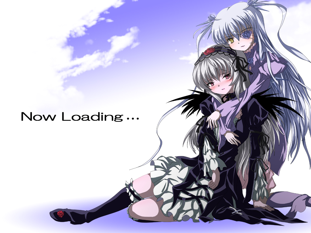 bentoss detritus, barasuishou, suigintou, rozen maiden, 00s, 2girls, blush, boots, cloud, dress, english text, eyepatch, flower, flower eyepatch, hairband, hug, hug from behind, light smile, lolita fashion, lolita hairband, long hair, multiple girls, purple eyes, purple rose, rose, sitting, sky, wings, yellow eyes, yuri