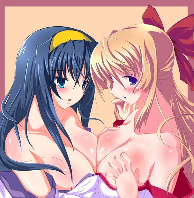 bentoss detritus, himemiya chikane, kurusugawa himeko, kannazuki no miko, 00s, 2girls, blush, breast press, breasts, half updo, large breasts, multiple girls, symmetrical docking, yuri