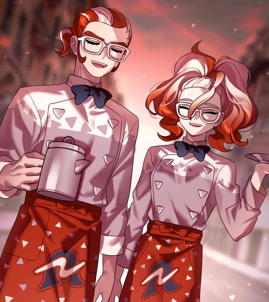 hayochi, griselle (pokemon), grisham (pokemon), nintendo, pokemon, pokemon legends: z-a, commentary request, 1boy, 1girl, apron, black bow, black bowtie, blonde hair, blurry, blurry background, bow, bowtie, closed eyes, eyelashes, glasses, holding, holding kettle, holding plate, kettle, long sleeves, medium hair, multicolored hair, open mouth, plate, ponytail, red apron, red bow, red bowtie, red hair, shirt, short hair, short ponytail, smile, teeth, two-tone hair, upper teeth only, white-framed eyewear, white shirt