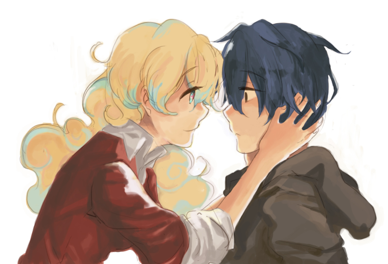 seu (artist), nia teppelin, simon (ttgl), tengen toppa gurren lagann, bad id, bad pixiv id, 00s, 1boy, 1girl, black hair, blonde hair, collared shirt, hand on another's head, long hair, looking at another, multicolored hair, shirt, short hair, sleeves rolled up, smile, upper body, white background