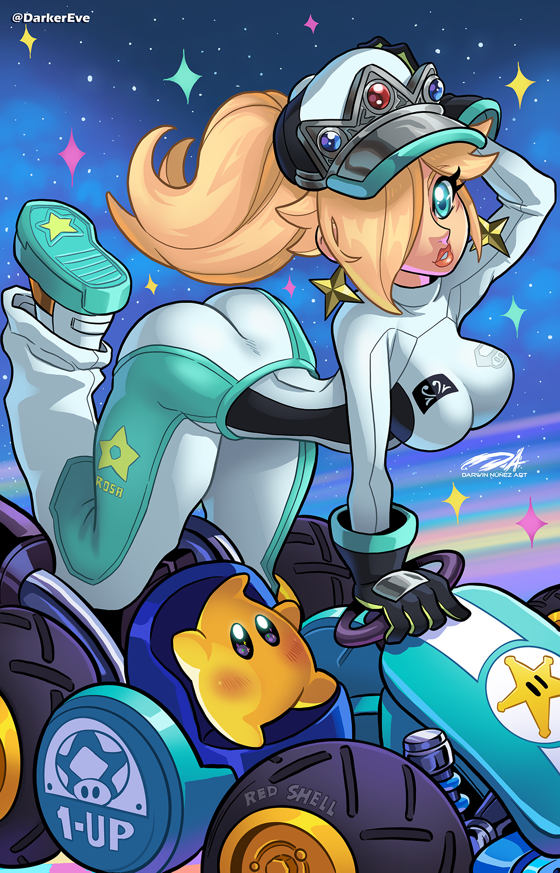 darkereve, luma (mario), rosalina, mario (series), mario kart, mario kart world, nintendo, highres, ass, baggy pants, bent over, blonde hair, blue eyes, breasts, earrings, gloves, go-kart, hair over one eye, hat, jewelry, long hair, pants, ponytail, shirt, star (symbol), star earrings, tight clothes, tight shirt