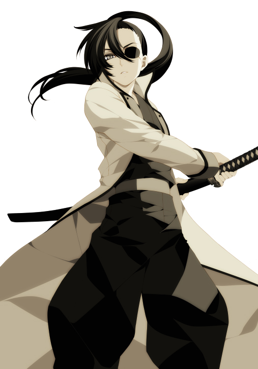 misteor, yanagihara mio, yagyuu kyuubei, gintama, bad id, bad pixiv id, 00s, 1boy, eyepatch, fighting stance, genderswap, genderswap (ftm), grey eyes, hakama, japanese clothes, long hair, male focus, ponytail, ready to draw, sheath, sheathed, simple background, solo, sword, weapon