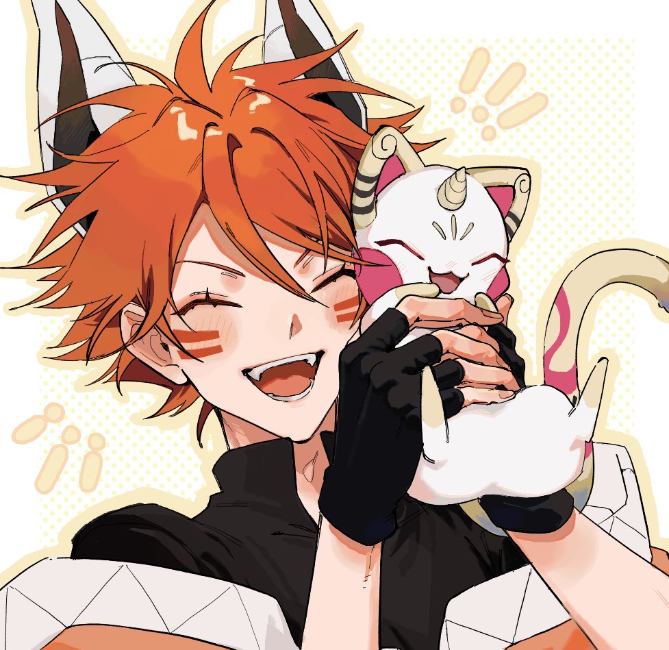 hako (box), to be hero, to be hero x, 1boy, animal ears, big johnny (to be hero x), black gloves, black shirt, blush, cat, closed eyes, creature, facial mark, fingerless gloves, gloves, hair between eyes, holding, holding creature, horns, little johnny (to be hero x), male focus, open mouth, orange hair, shirt, short hair, single horn, upper body