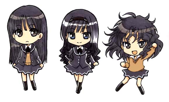 sakiran densha, yukikoma, ayatsuji tsukasa, morishima haruka, tanamachi kaoru, amagami, 3girls, black hair, chibi, multiple girls, school uniform