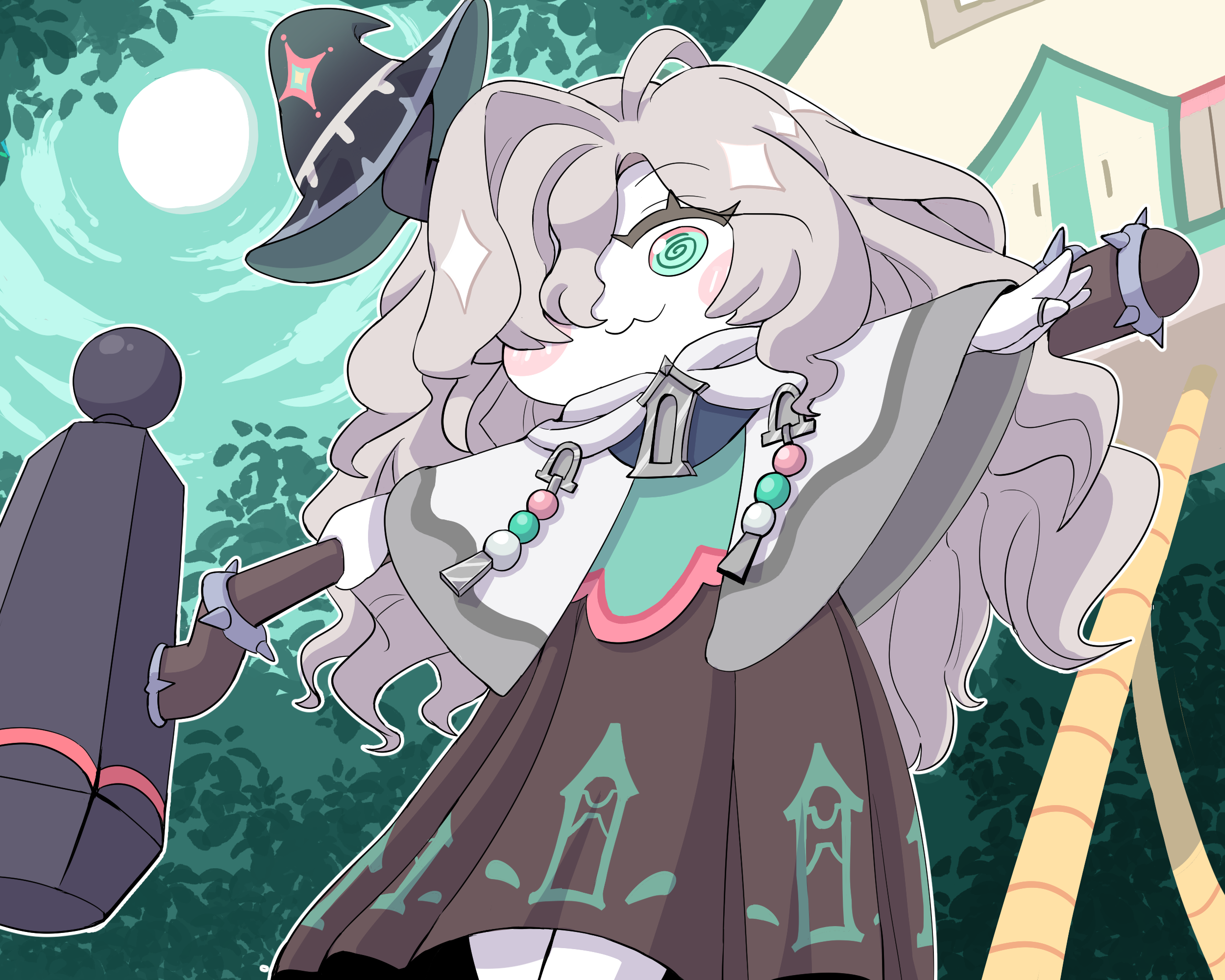 pen (vmffptnlvos), trickcal, commentary request, highres, korean commentary, 1girl, :3, @ @, blush stickers, brown dress, cloak, closed mouth, dress, feet out of frame, foliage, full moon, green eyes, green sky, hair over one eye, hammer, hat, hat on horn, holding, holding hammer, horns, house, long hair, looking ahead, makasha (trickcal), moon, no sclera, one eye covered, outdoors, outstretched arms, pale skin, single horn, sky, solo, spread arms, standing, white cloak, wide-eyed, witch hat