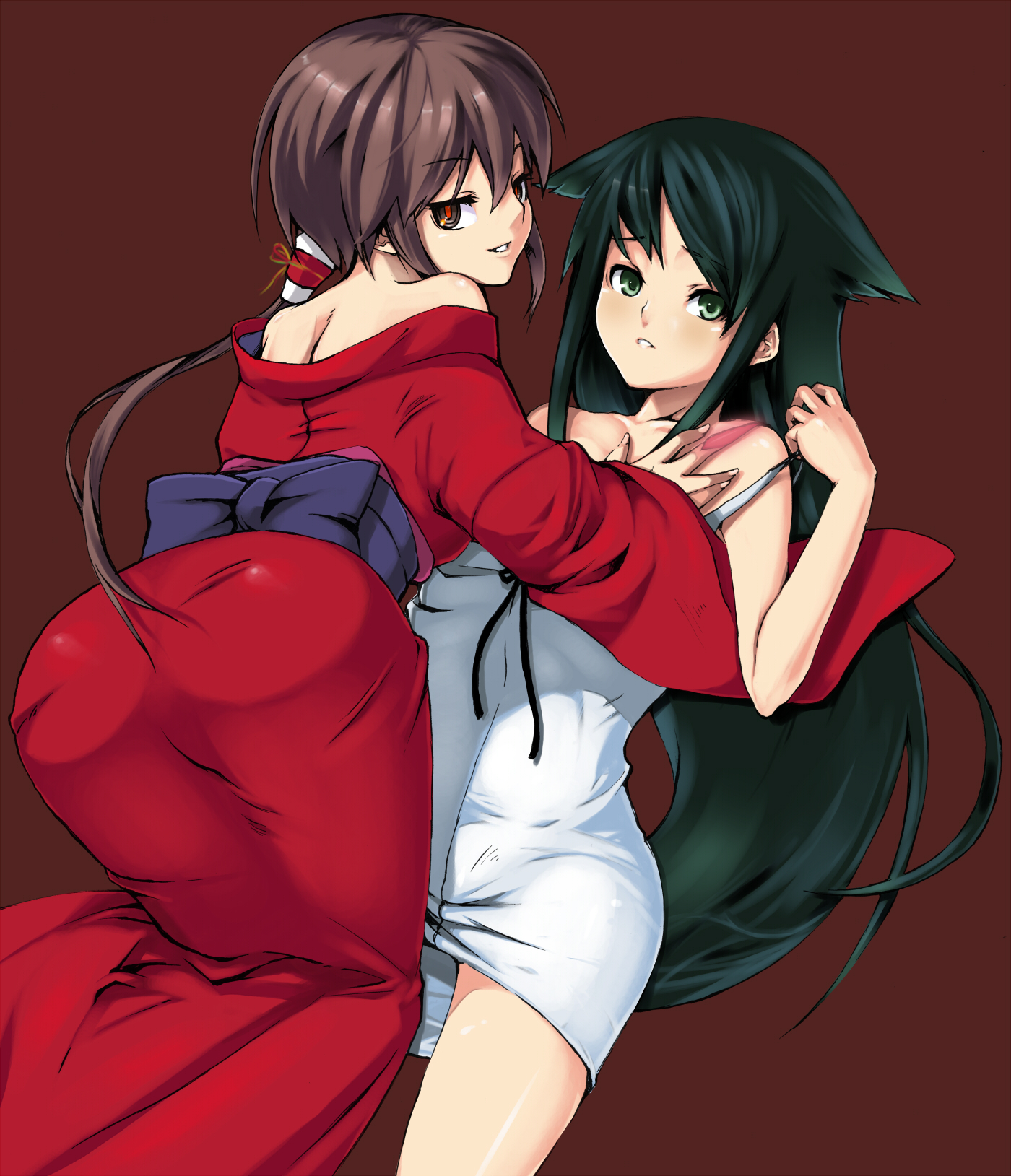 takenaka hideo, kurame, saya (saya no uta), kusari hime: euthanasia, saya no uta, highres, 2girls, ass, brown eyes, brown hair, camisole, girl on top, green eyes, green hair, japanese clothes, kimono, long hair, looking back, multiple girls, ponytail, simple background, slit pupils, very long hair, yuri