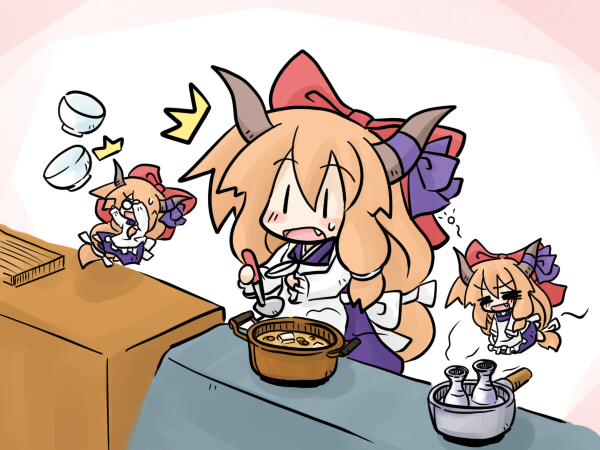 yanagi (nurikoboshi), ibuki suika, touhou, 3girls, chibi, clone, cooking, female focus, mini person, minigirl, multiple girls