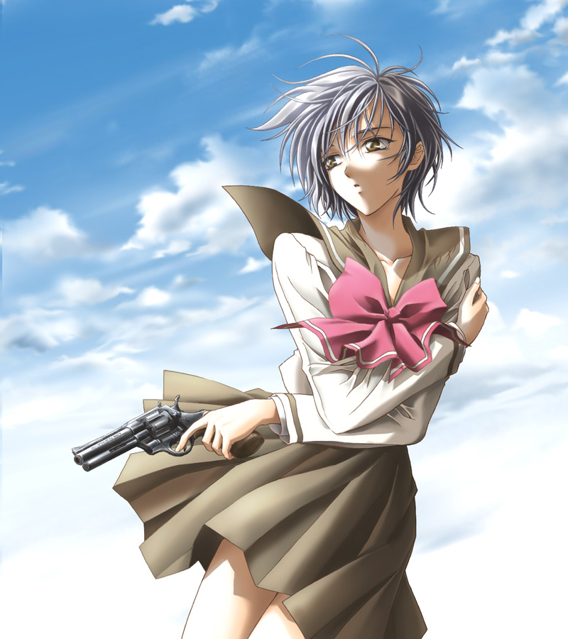 mid knight, ein (phantom of inferno), phantom of inferno, bad id, bad pixiv id, 1girl, female focus, gun, handgun, revolver, school uniform, solo, weapon