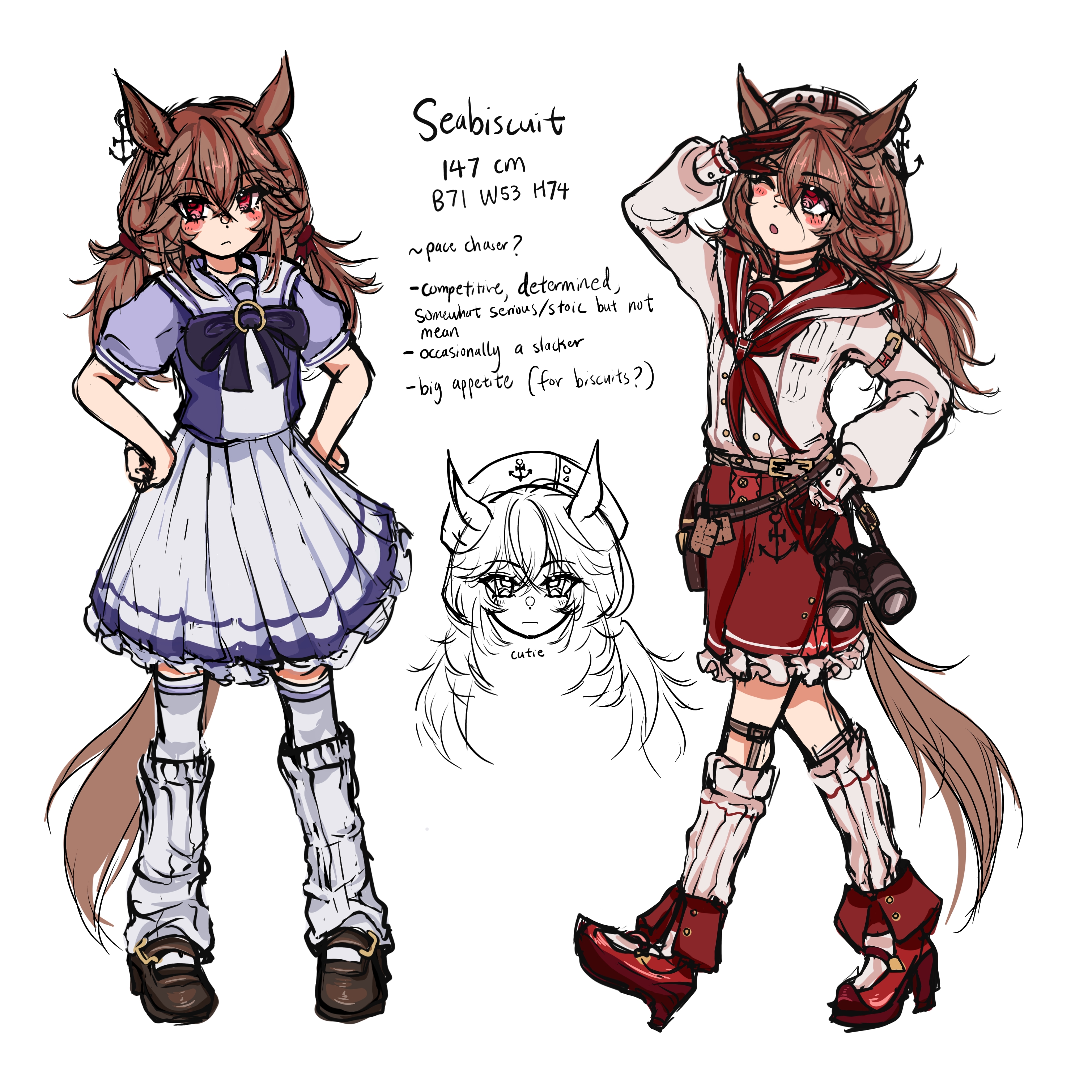 original, umamusume, absurdres, artist request, highres, non-web source, self-upload, 1girl, animal ears, character name, horse ears, horse girl, horse tail, leg warmers, measurements, multiple views, open mouth, reference sheet, sailor, seabiscuit (racehorse), short twintails, shorts, sketch, skirt, tail, twintails