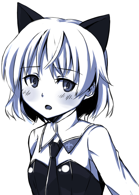 takenaka hideo, sanya v. litvyak, strike witches, world witches series, bad id, bad pixiv id, 00s, 1girl, animal ears, blue theme, blush, female focus, military, military uniform, monochrome, necktie, short hair, solo