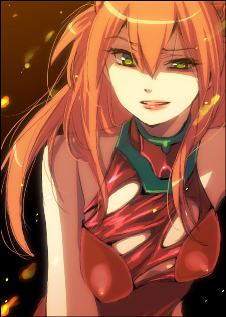 harumi chihiro, souryuu asuka langley, neon genesis evangelion, 1girl, bare shoulders, female focus, green eyes, long hair, mecha pilot suit, orange hair, plugsuit (evangelion), solo, torn clothes