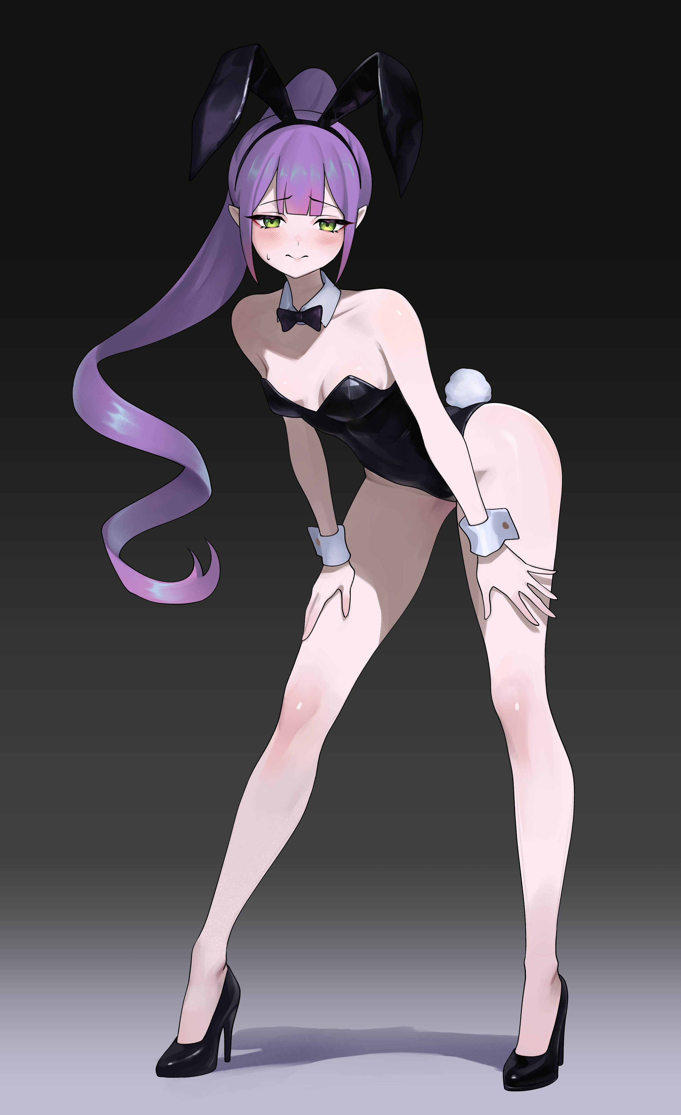 dalcom, tokoyami towa, hololive, absurdres, commentary, highres, 1girl, alternate costume, animal ear hairband, animal ears, bent over, black bow, black bowtie, black leotard, black shoes, bow, bowtie, breasts, center-flap bangs, cleavage, closed mouth, covered navel, dated commentary, demon girl, detached collar, double-parted bangs, fake animal ears, gradient hair, green eyes, hairband, high heels, high ponytail, highleg, highleg leotard, leotard, long hair, looking at viewer, multicolored hair, pink hair, playboy bunny, pointy ears, ponytail, purple hair, rabbit ear hairband, rabbit ears, rabbit tail, red leotard, shoes, small breasts, solo, strapless, strapless leotard, tail, traditional bowtie, virtual youtuber, white wrist cuffs, wrist cuffs