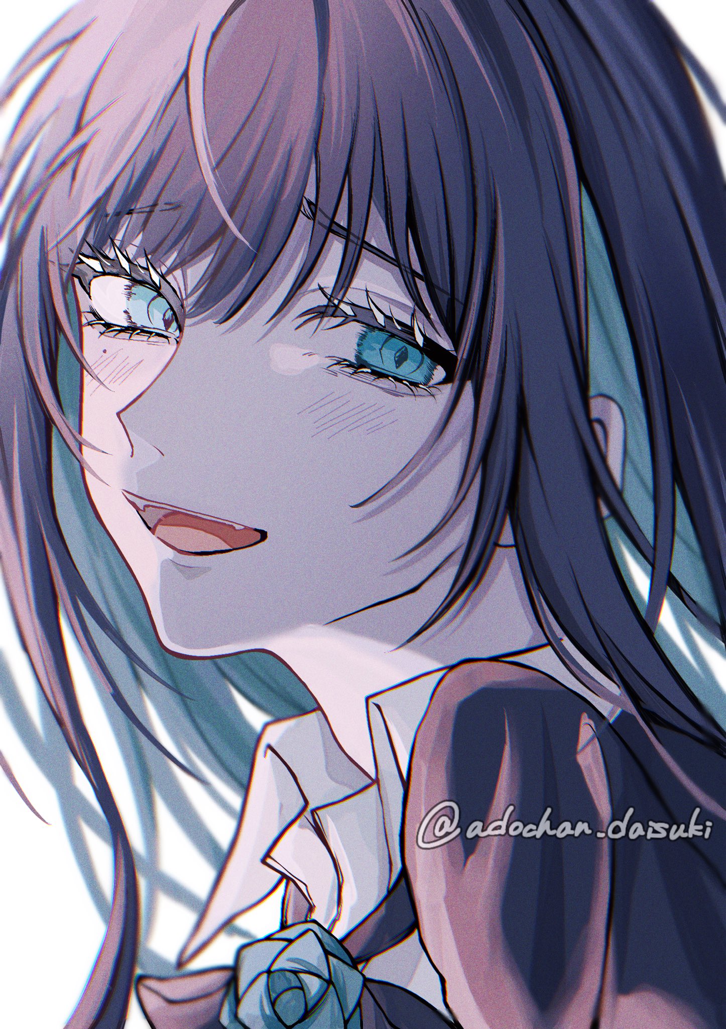 oyashirazu (adochan daisuki), chando (ado), ado (utaite), commentary, hashtag-only commentary, highres, 1girl, aegyo sal, black hair, blue eyes, blue hair, blush, collared shirt, colored inner hair, fangs, long hair, looking at viewer, mole, mole under eye, multicolored hair, open mouth, shirt, sidelocks, solo, teeth, upper teeth only, utaite, white shirt