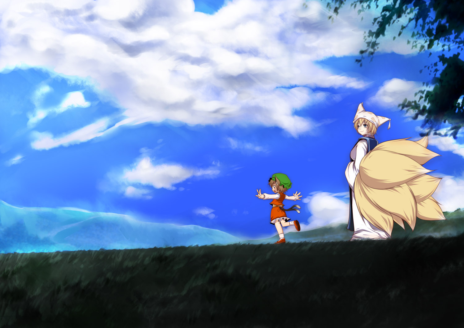 fujisaki hikari, chen, yakumo ran, touhou, 2girls, animal ears, cat ears, cat girl, cat tail, cloud, day, female focus, fox tail, hands in opposite sleeves, hat, multiple girls, outstretched arms, short hair, sky, spread arms, standing, standing on one leg, tail, walking