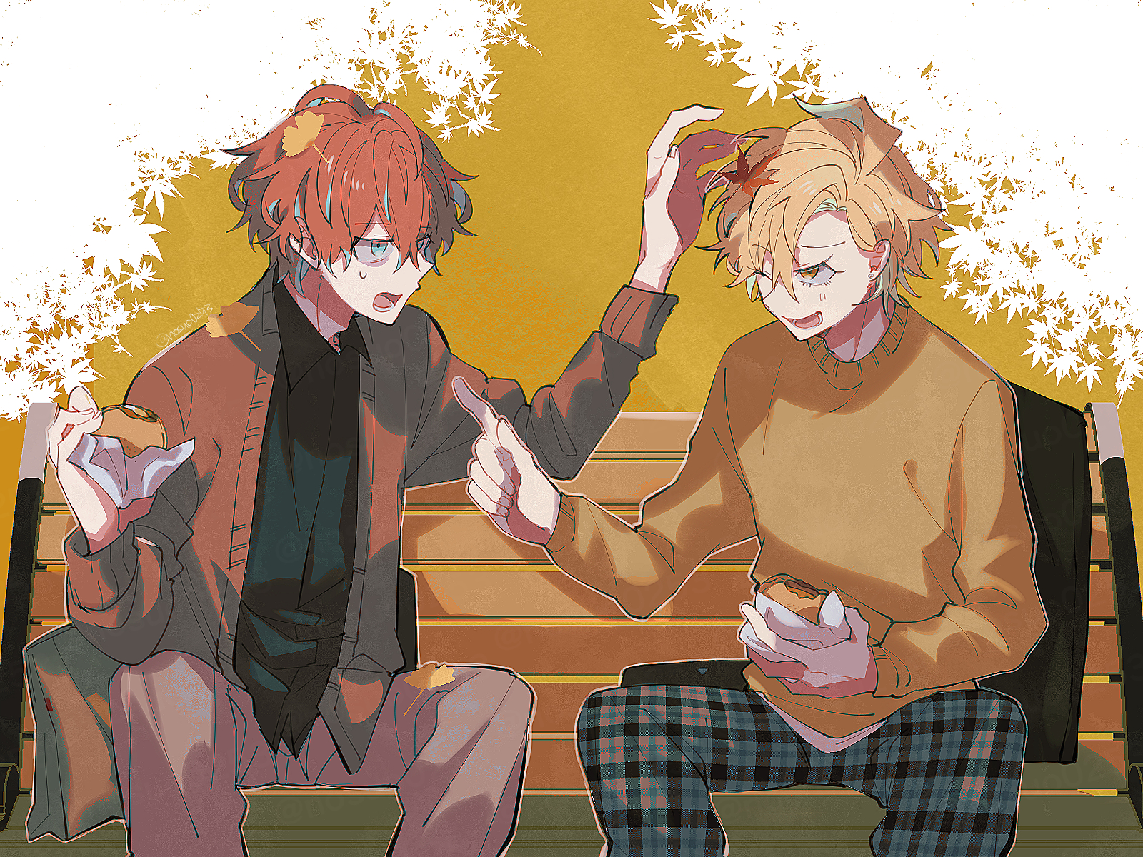 izanami hifumi, kannonzaka doppo, hypnosis mic, highres, 2boys, ahoge, aqua eyes, aqua streaks, autumn leaves, black shirt, blonde hair, brown cardigan, brown pants, cardigan, cowboy shot, eye contact, food, green streaks, holding, holding food, leaf, leaf in hair, looking at another, male focus, multiple boys, nosuo0253, on bench, one eye closed, open mouth, pants, plaid clothes, plaid pants, pointing, pointing at another, red hair, shirt, sitting, small sweatdrop, sweater, unmoving pattern, yellow eyes, yellow sweater