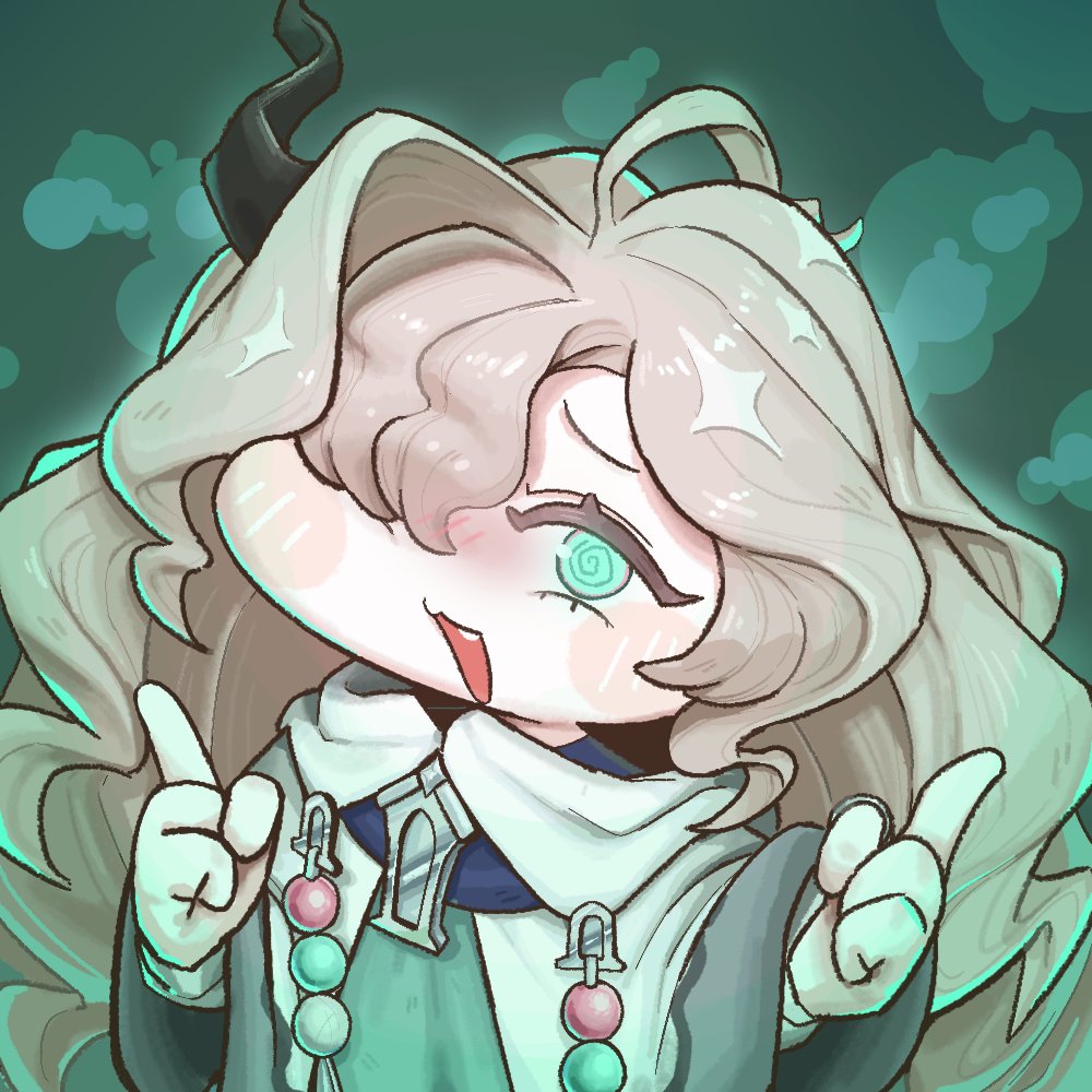 gamjeong ph, trickcal, 1girl, :3, @ @, blush stickers, brown hair, cloak, fang, fewer digits, glowing, glowing eyes, green background, green eyes, hair over one eye, horns, long hair, looking at viewer, makasha (trickcal), one eye covered, open mouth, pointing, pointing up, single horn, smile, solo, thumb ring, upper body, white cloak