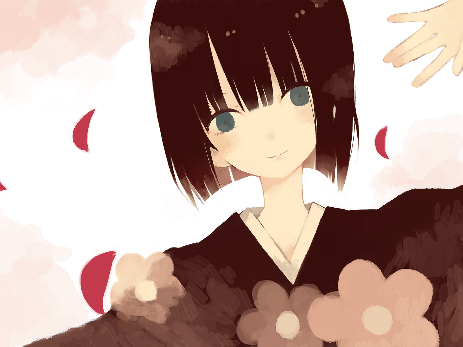 mitsuki mouse, highres, black hair, cherry blossoms, japanese clothes, kimono, short hair, solo