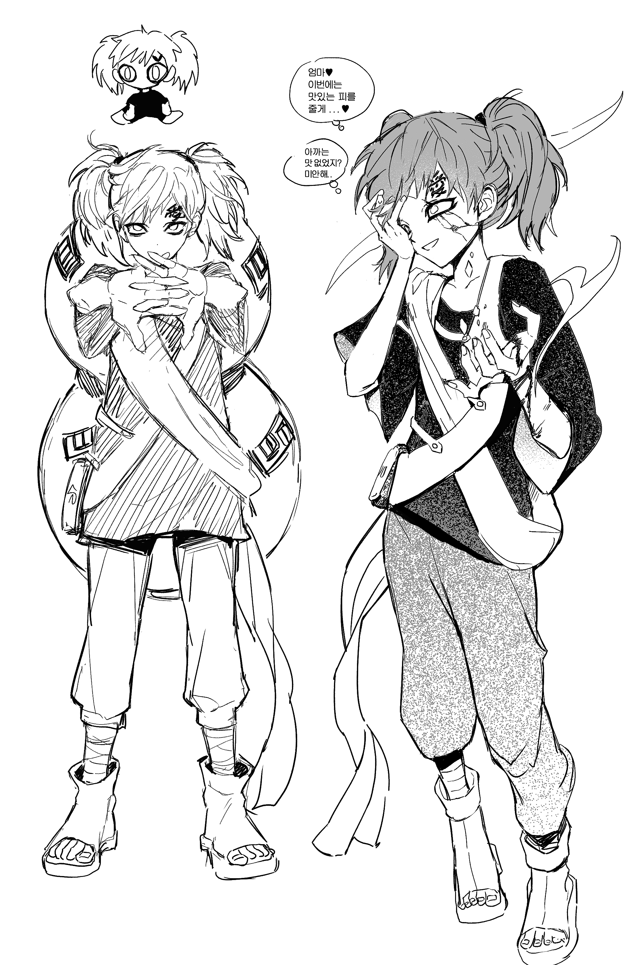 gaara (naruto), naruto (series), absurdres, highres, bandaged leg, bandages, clenched hand, cracked skin, full body, genderswap, genderswap (mtf), gourd, greyscale, hand on own face, korean text, lodoae, monochrome, multiple views, no eyebrows, open-toe shoes, outstretched arms, parted lips, sand, scar, scar on face, scar on forehead, smile, stretching, twintails, white background