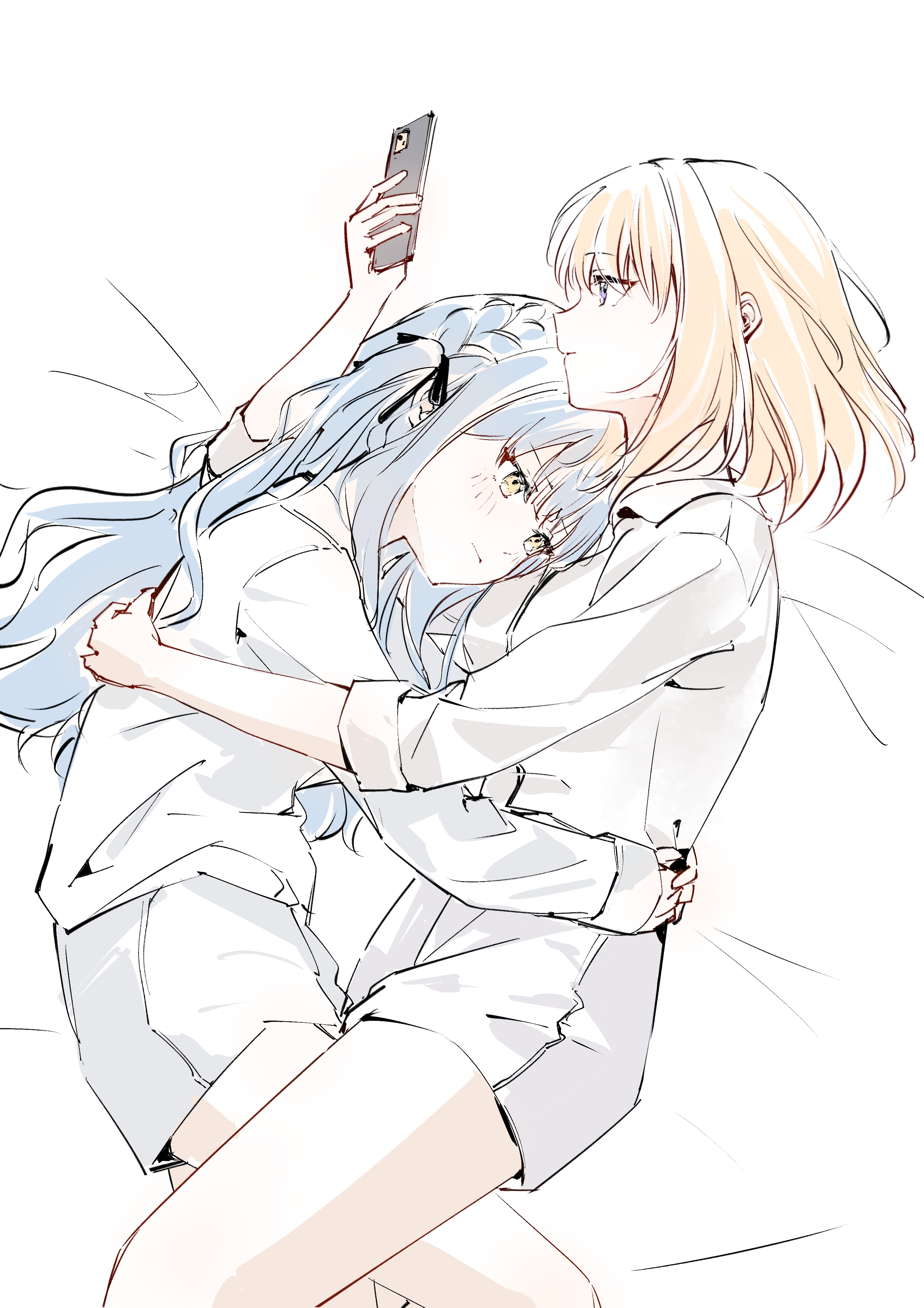 sen jin chen, misumi uika, togawa sakiko, bang dream!, bang dream! it's mygo!!!!!, absurdres, chinese commentary, commentary request, highres, 2girls, blonde hair, blue hair, blush, closed mouth, grey shorts, hug, long hair, lying, medium hair, multiple girls, purple eyes, shirt, short hair, shorts, sidelocks, three-quarter sleeves, white shirt, yellow eyes, yuri