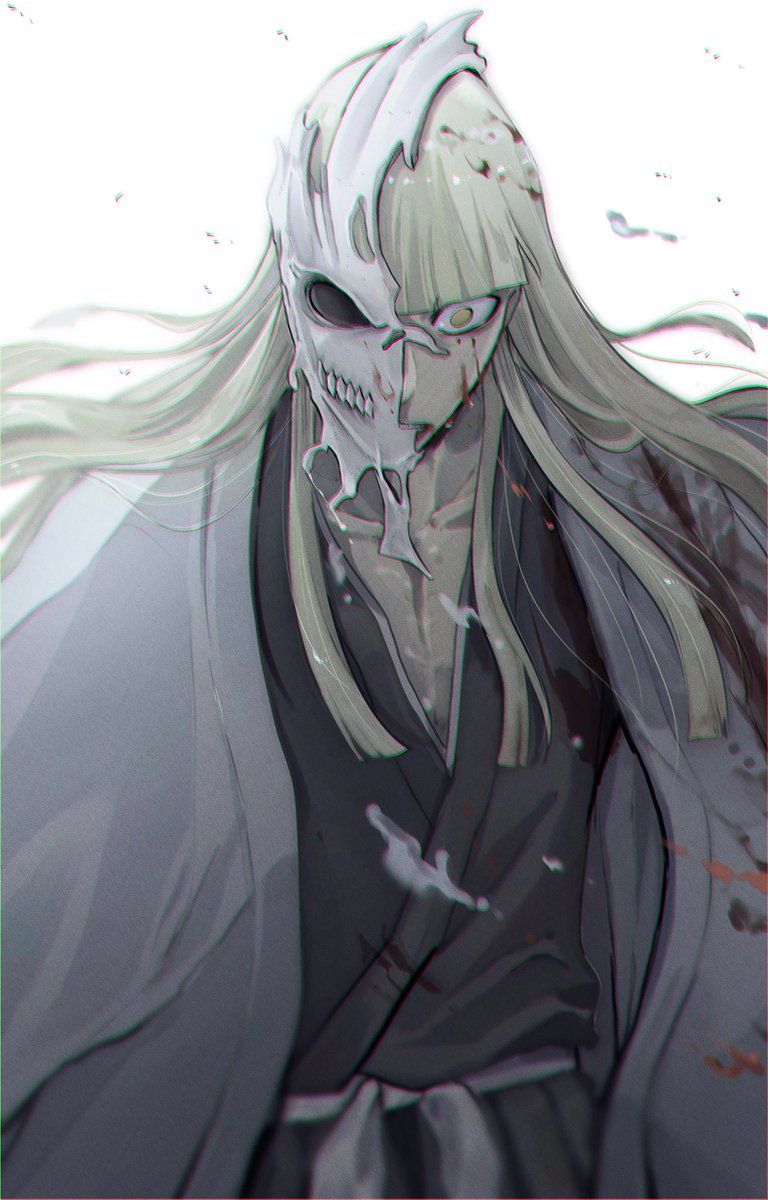 siji105, hirako shinji, bleach, commentary request, highres, 1boy, blonde hair, blunt bangs, blunt ends, collarbone, haori, japanese clothes, kimono, long hair, male focus, simple background, solo, taichou haori, transformation, white background, yellow eyes