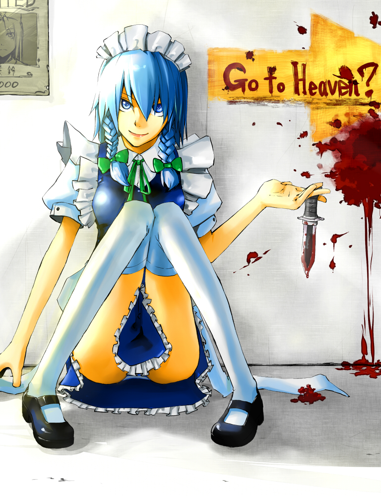 holysnow, izayoi sakuya, touhou, 1girl, blood, blue hair, braid, female focus, knife, maid, maid headdress, mary janes, panties, shoes, solo, thighhighs, twin braids, underwear